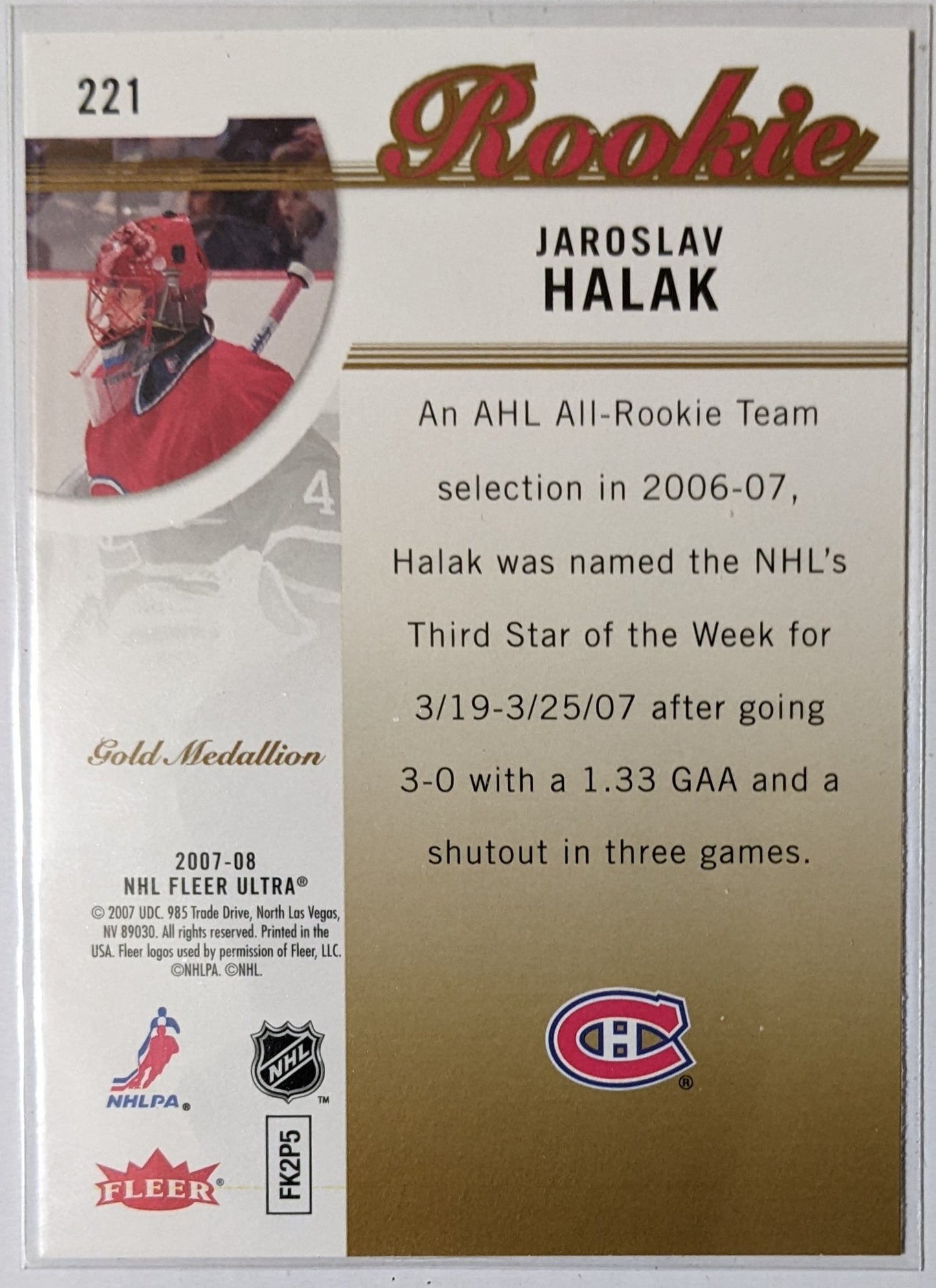 2007-08 Fleer Ultra - Jaroslav Halak Gold Medallion Parallel RC #221