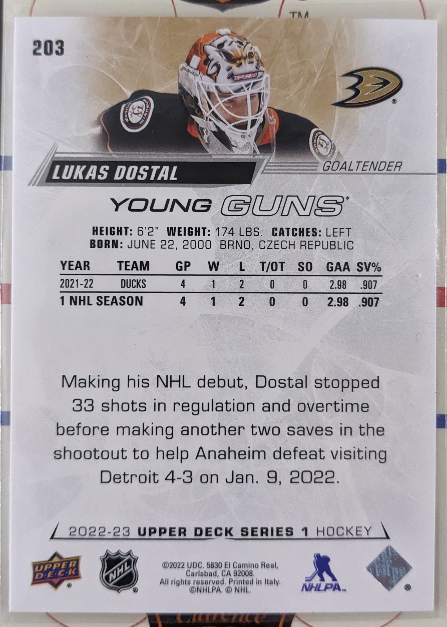 2023-24 Upper Deck Series 1 - Lukas Dostal Young Guns RC #203