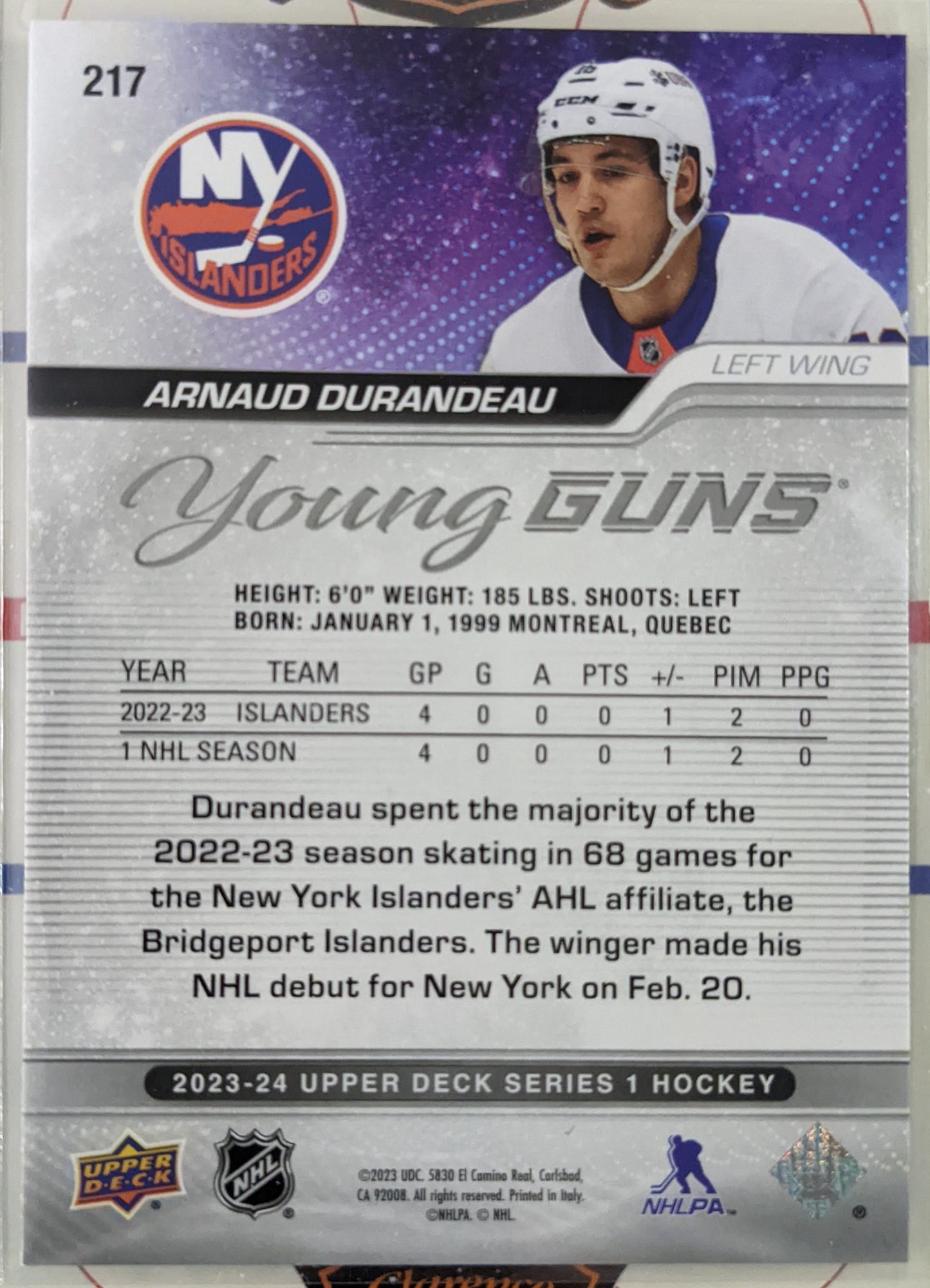 2023-24 Upper Deck Series 1 - Arnaud Durandeau Young Guns RC #217