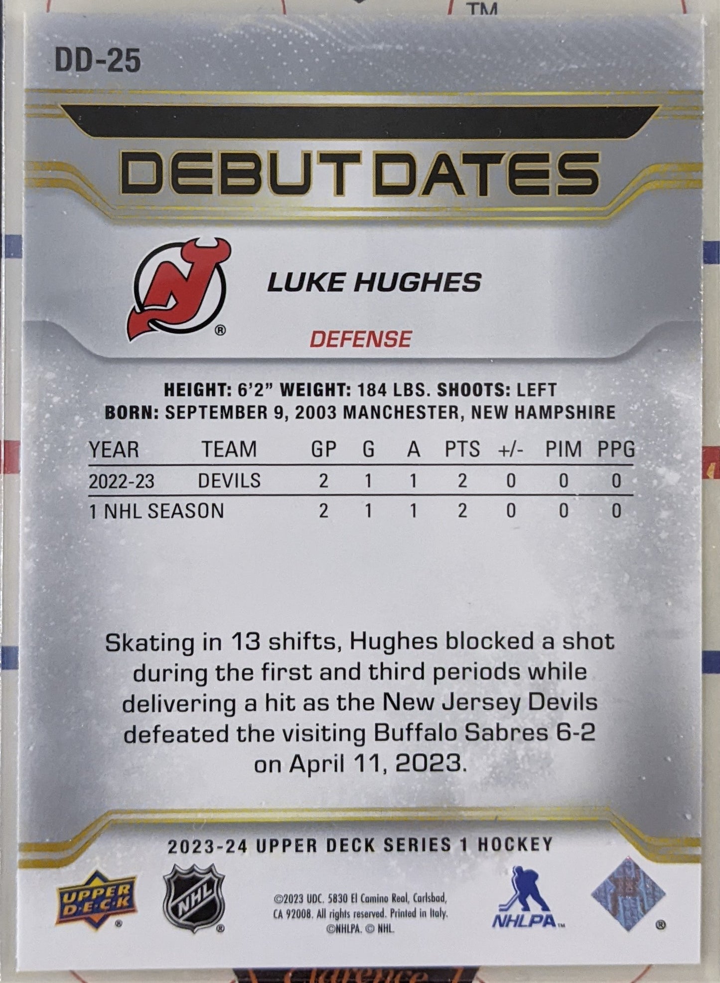 2023-24 Upper Deck Series 1 - Luke Hughes Debut Dates #DD-25