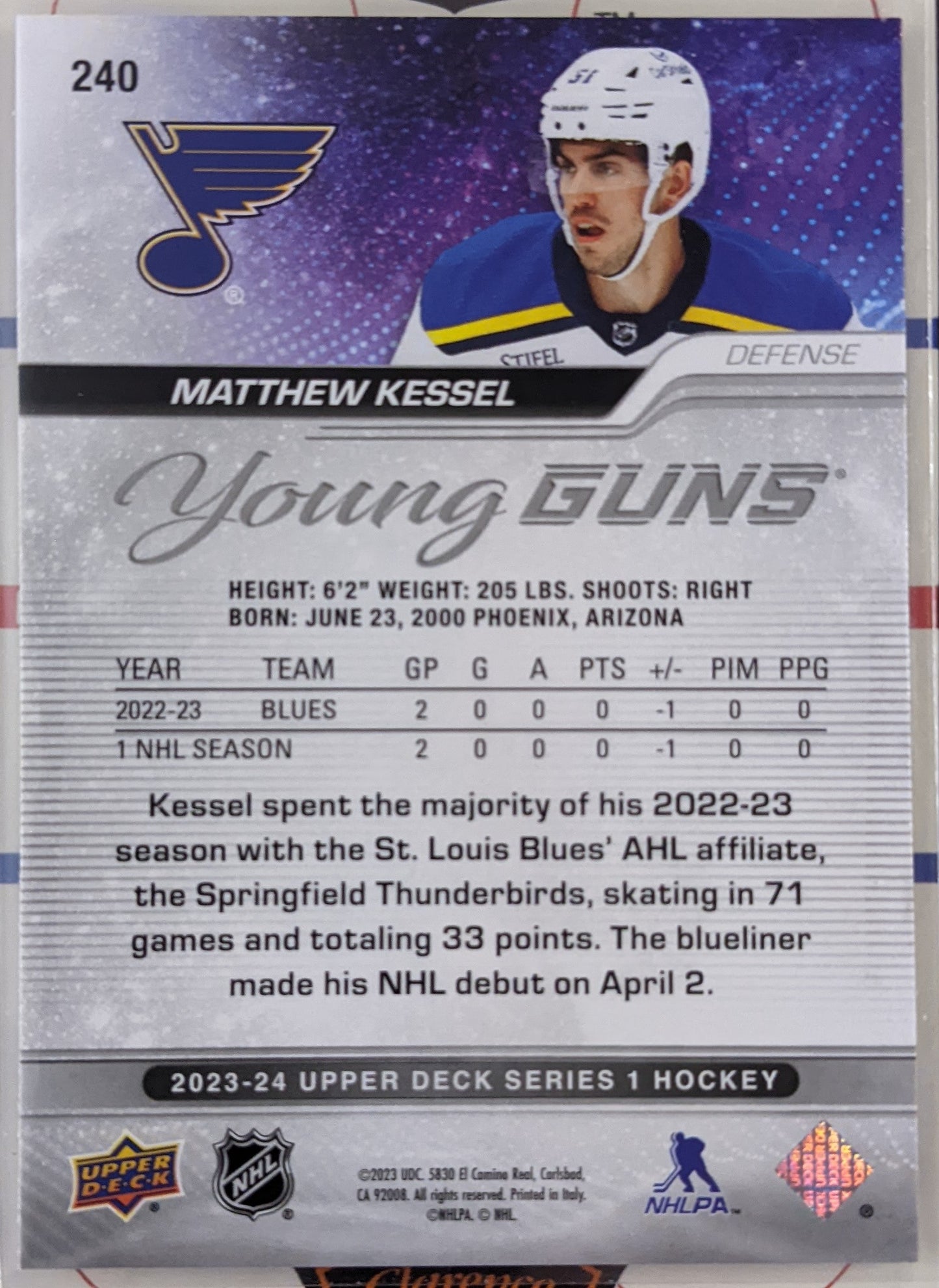 2023-24 Upper Deck Series 1 - Matthew Kessel Young Guns RC #240