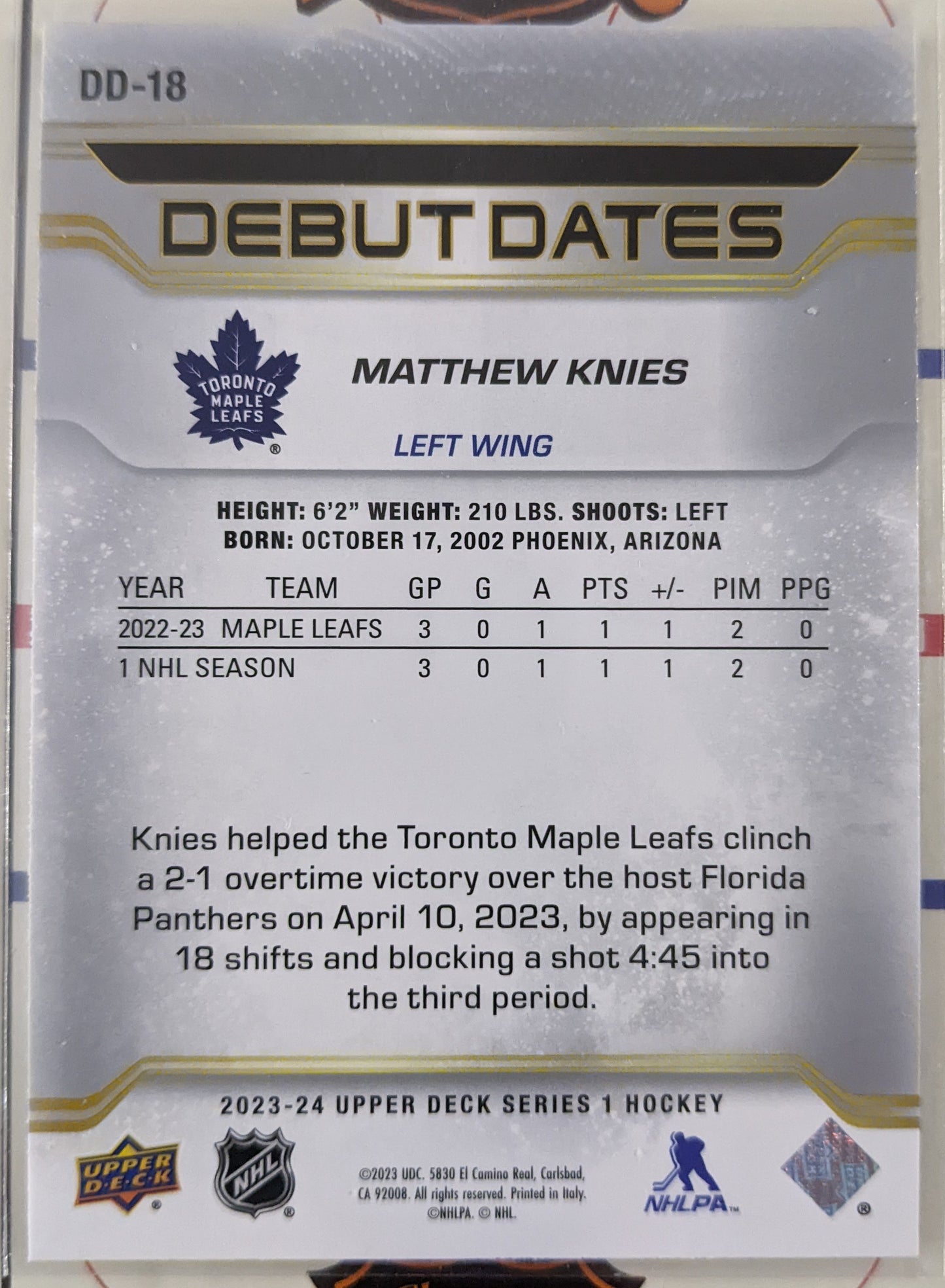 2023-24 Upper Deck Series 1 - Matthew Knies Debut Dates #DD-18