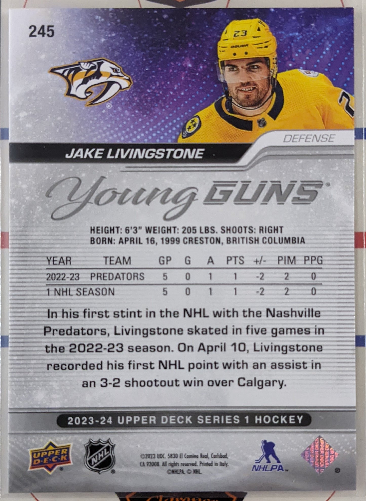 2023-24 Upper Deck Series 1 - Jake Livingston Young Guns RC #245