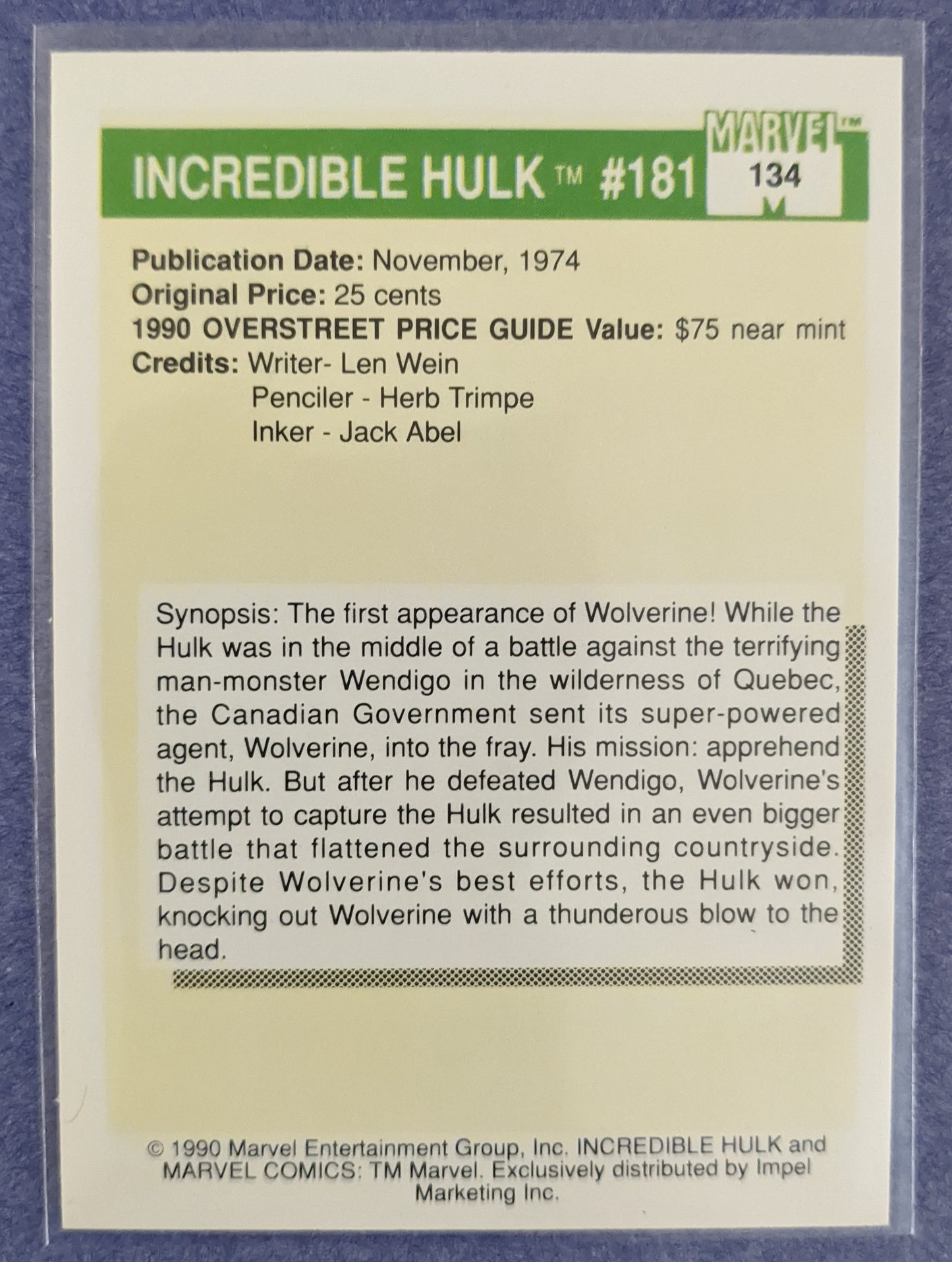 1990 Impel Marvel Universe Series 1 - M.V.C. Incredible Hulk 181 #134