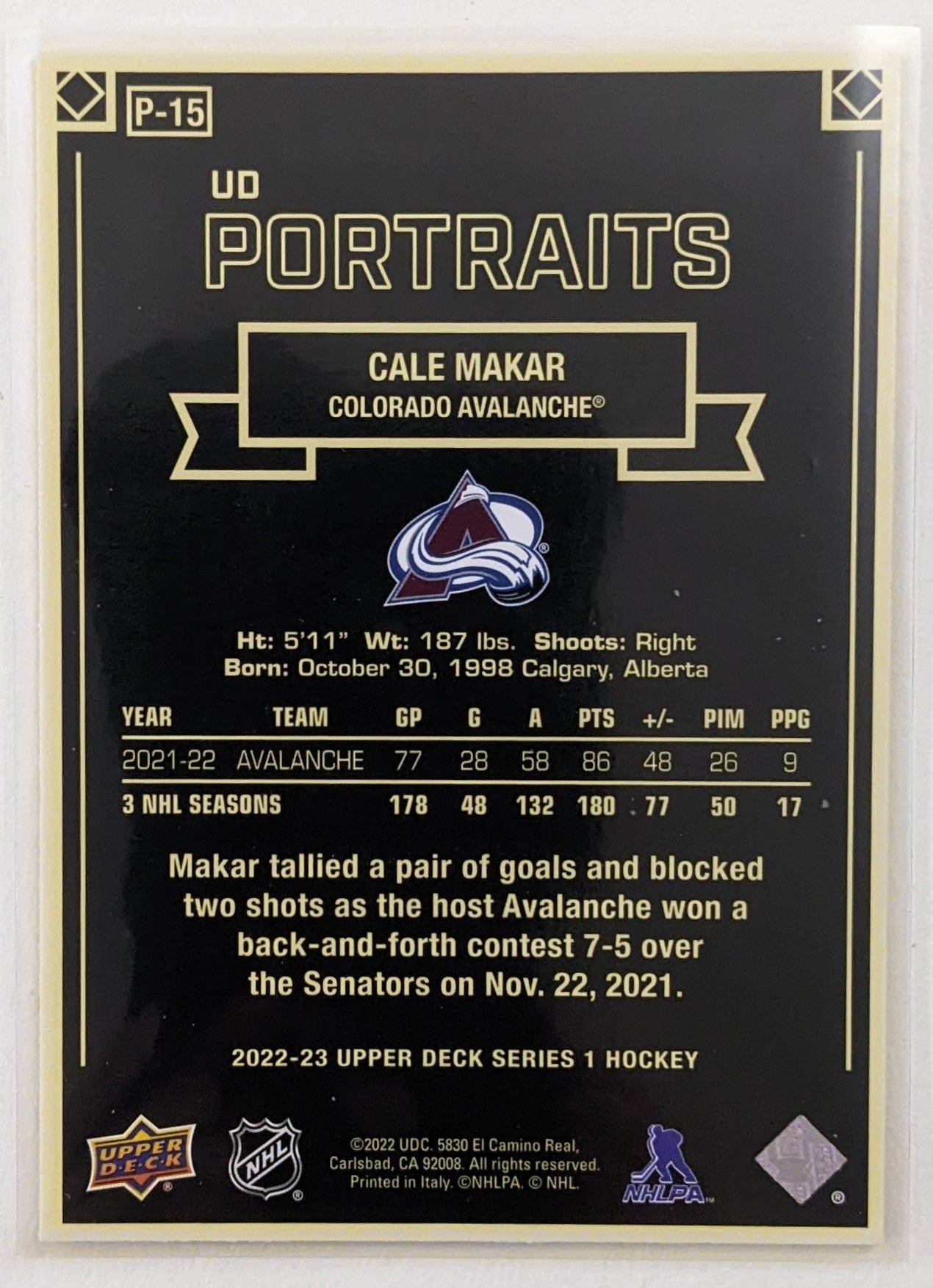 2022-23 Upper Deck Series 1 UD Portraits - Cale Makar #P-15