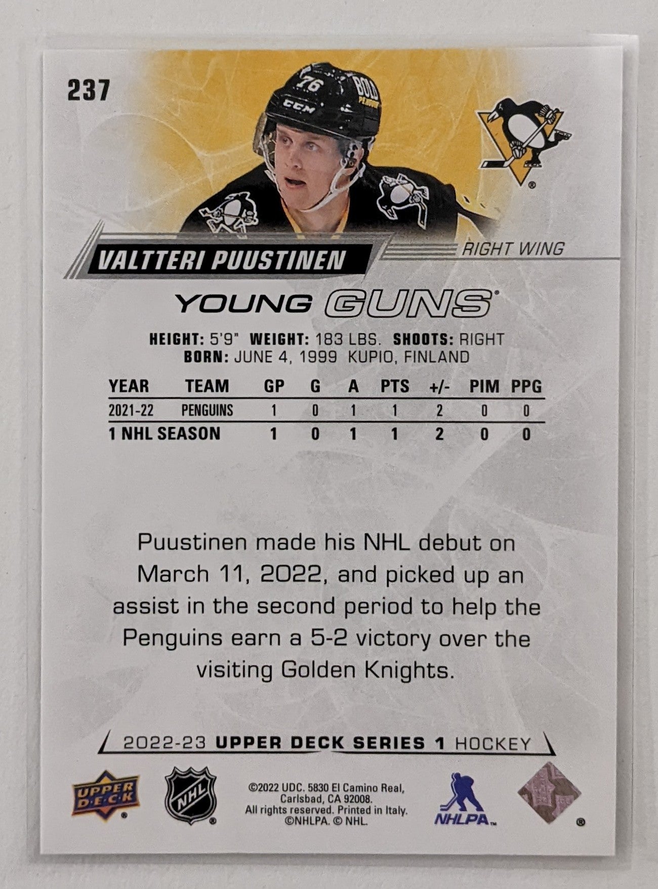 2022-23 Upper Deck Series 1 - Valtteri Puustinen Young Guns RC #237