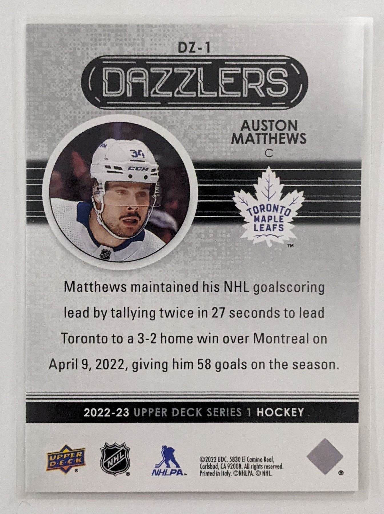 2022-23 Upper Deck Series 1 - Auston Matthews Dazzlers #DZ-1 (Green Parallel)