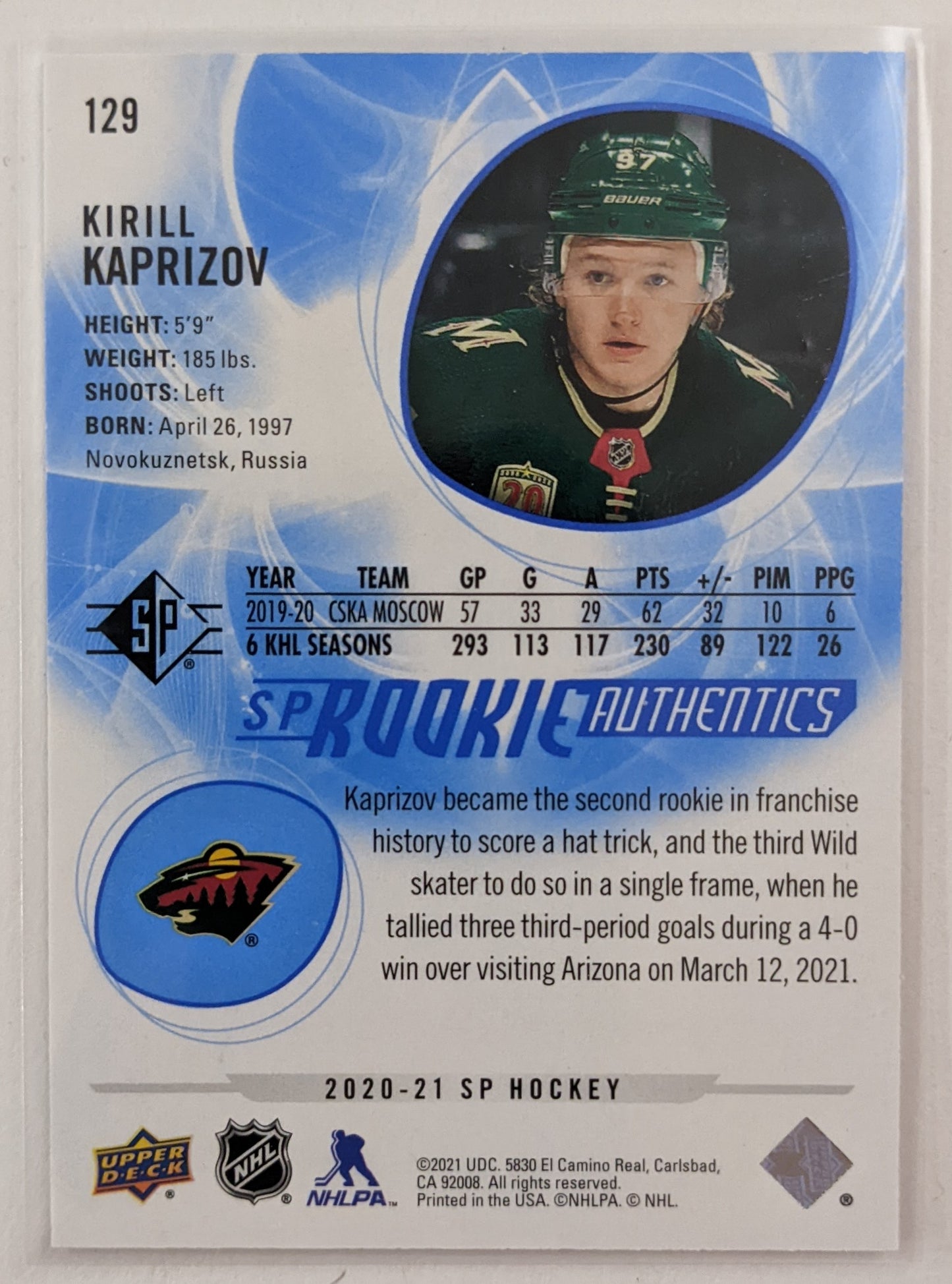 2020-21 UD SP Rookie Authentics - Kirill Kaprizov RC #129