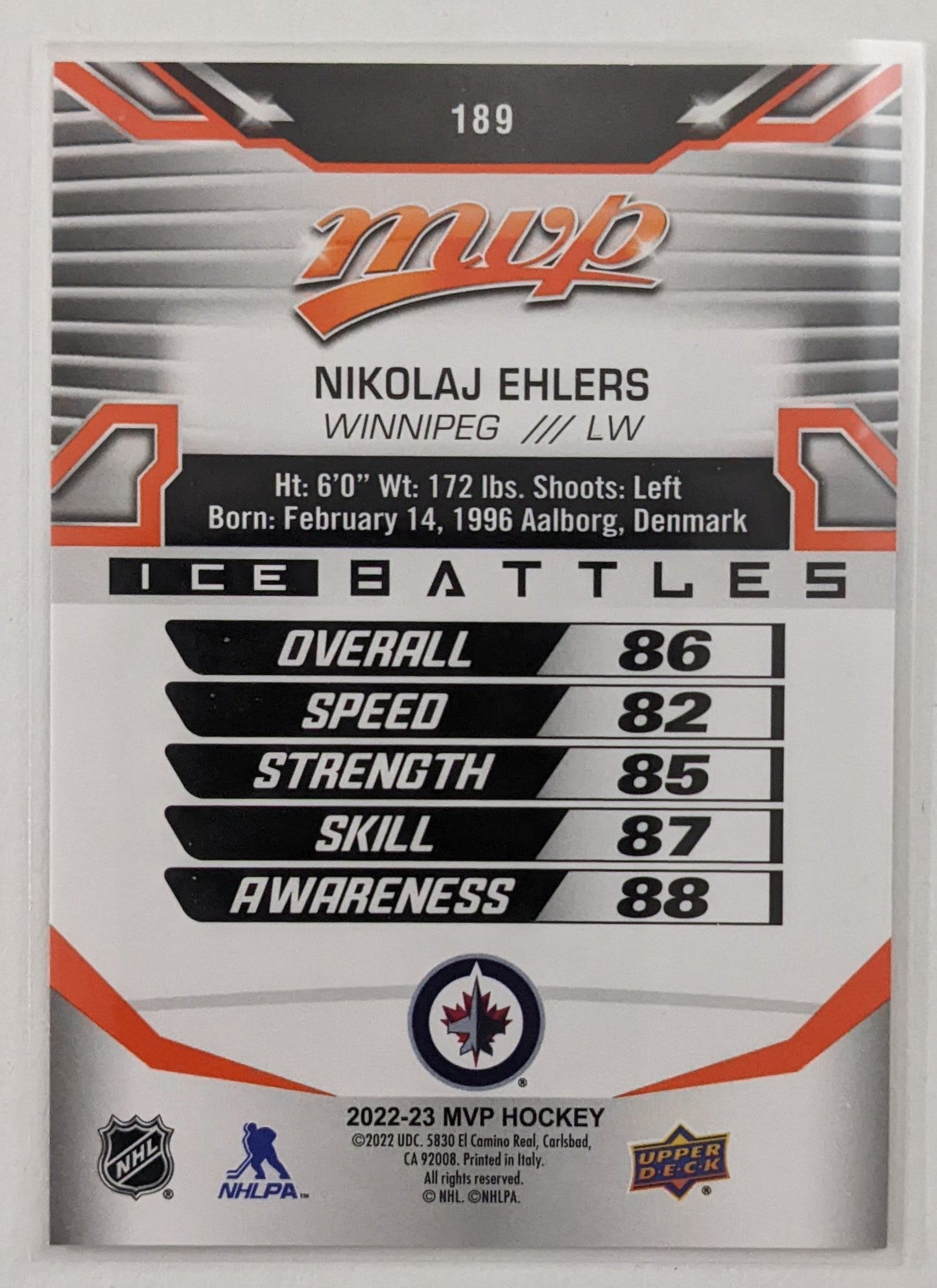 2022-23 UD MVP Ice Battles - Nikolaj Ehlers #189 (Orange Parallel)