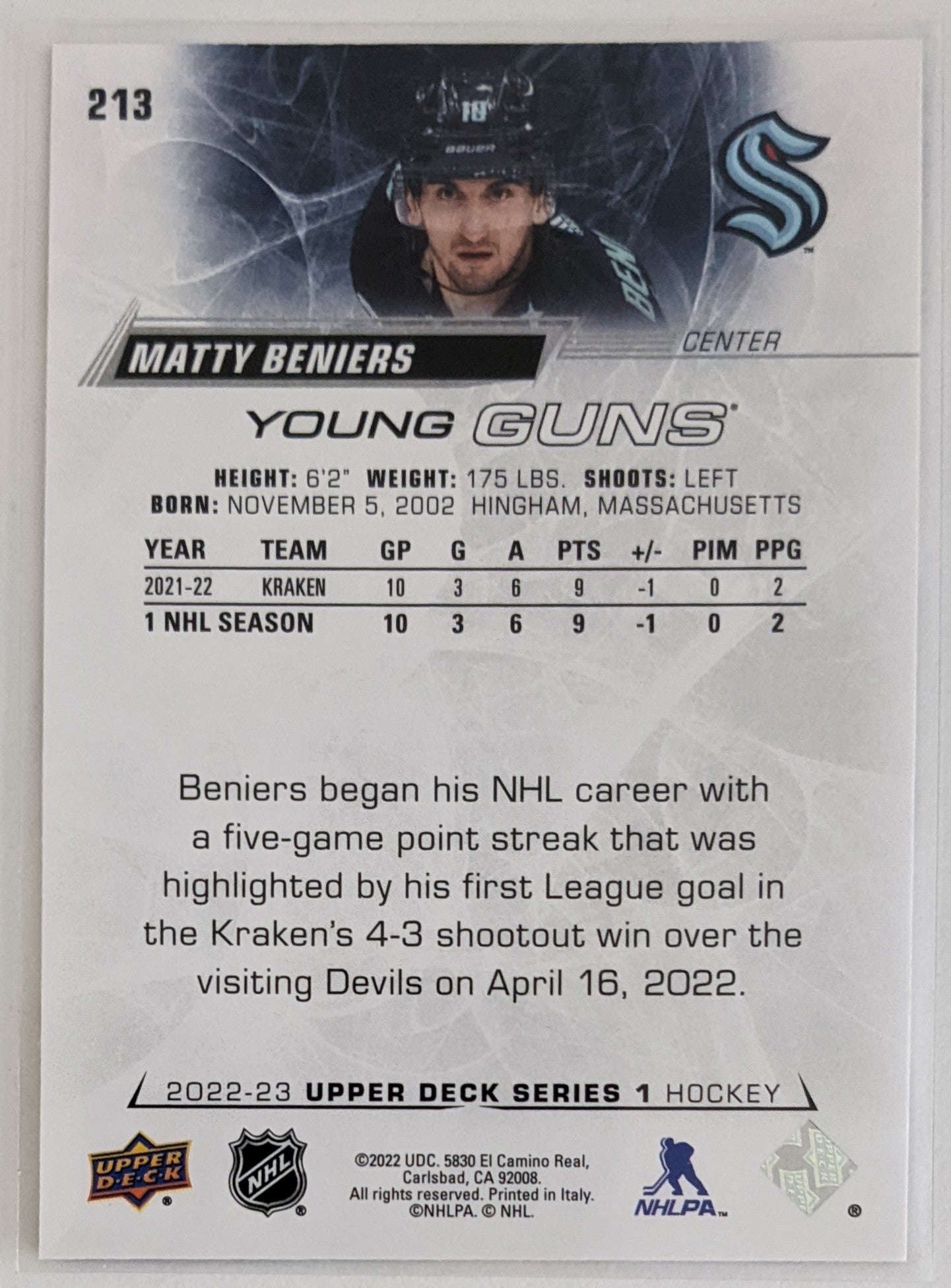 2022-23 Upper Deck - Matty Beniers Young Guns RC #213