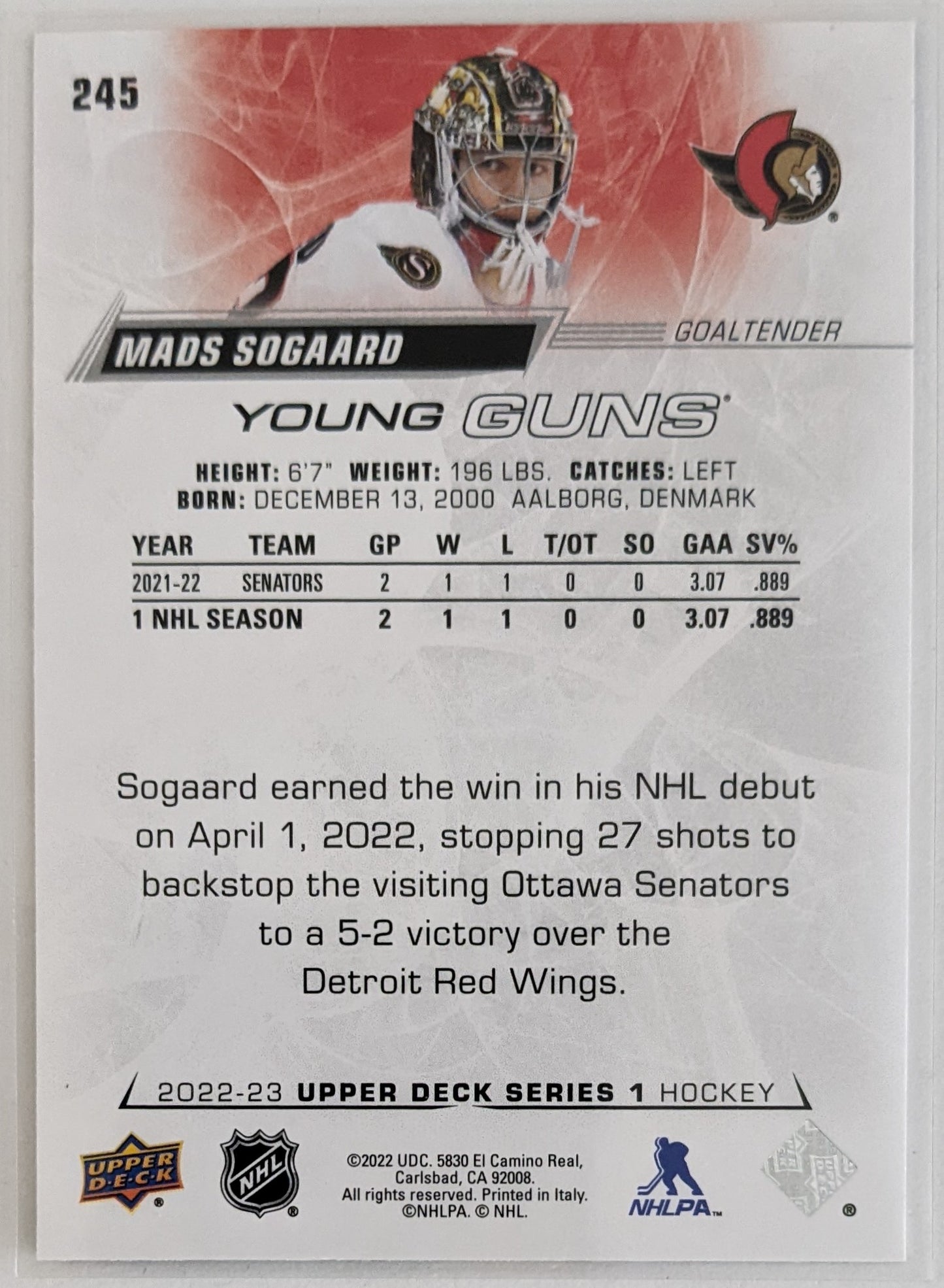 2022-23 Upper Deck - Mads Sogaard Young Guns RC #245