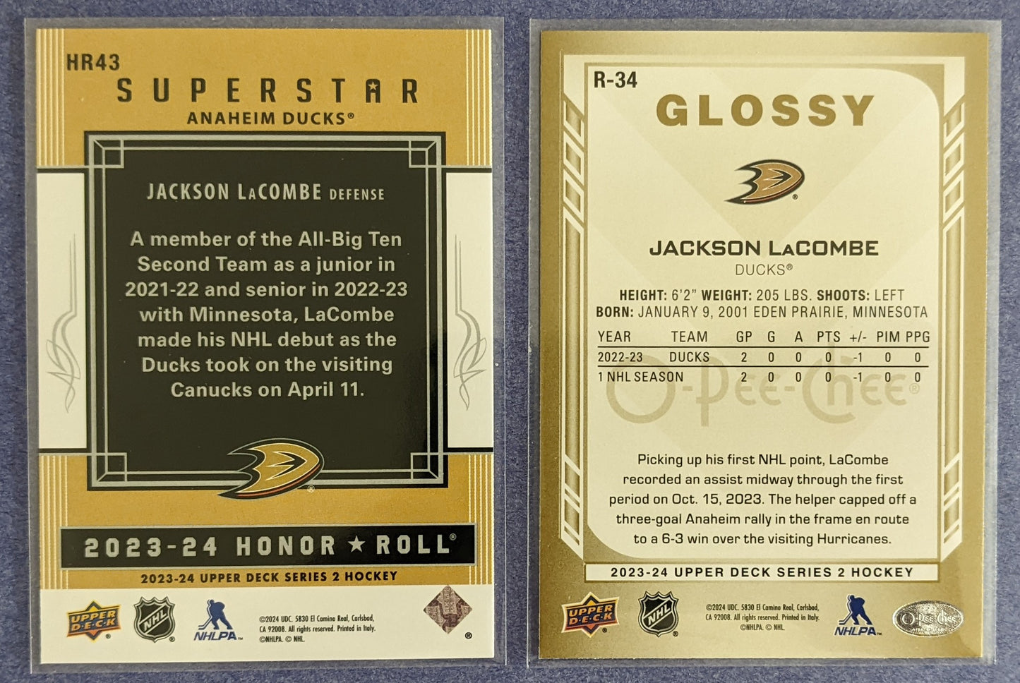 2023-24 Upper Deck Series 2 - Jackson LaCombe Honor Roll #HR43 & Glossy #R-34