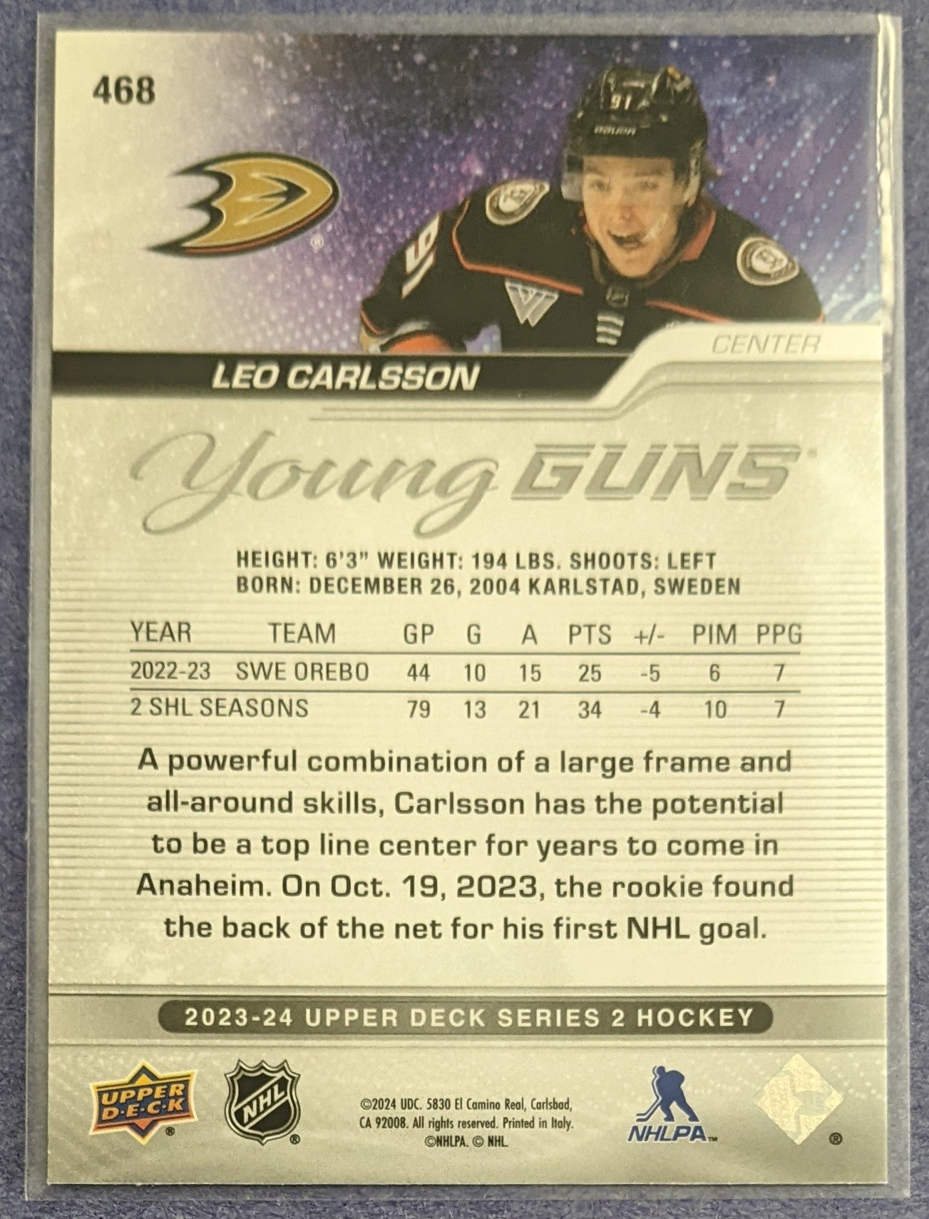 2023-24 Upper Deck Series 2 - Leo Carlsson Young Guns RC #468