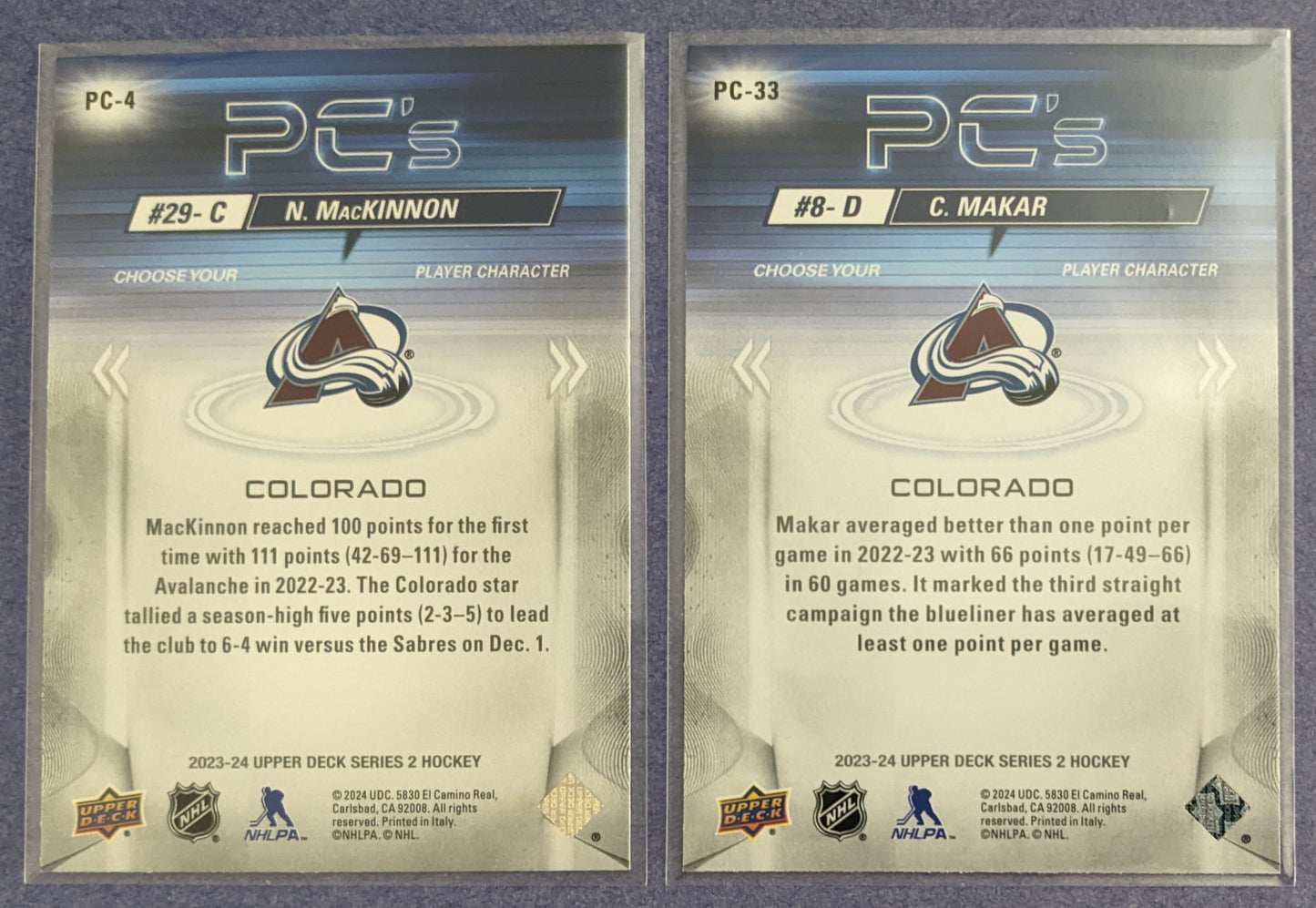 2023-24 Upper Deck - Nathan MacKinnon PC's #PC-4 (Sparkle) & Cale Makar PC's #PC-33 (Sparkle)