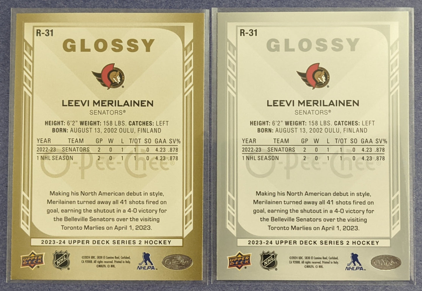 2023-24 Upper Deck Series 2 - Leevi Merilainen Glossy #R-31 (Gold) & #R-31 (Silver)