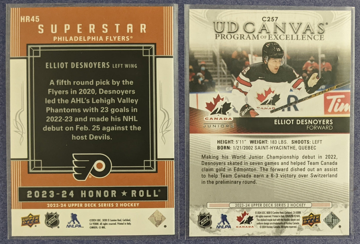 2023-24 Upper Deck Series 2 - Elliot Desnoyers UD Canvas #C257 & Honor Roll #HR45