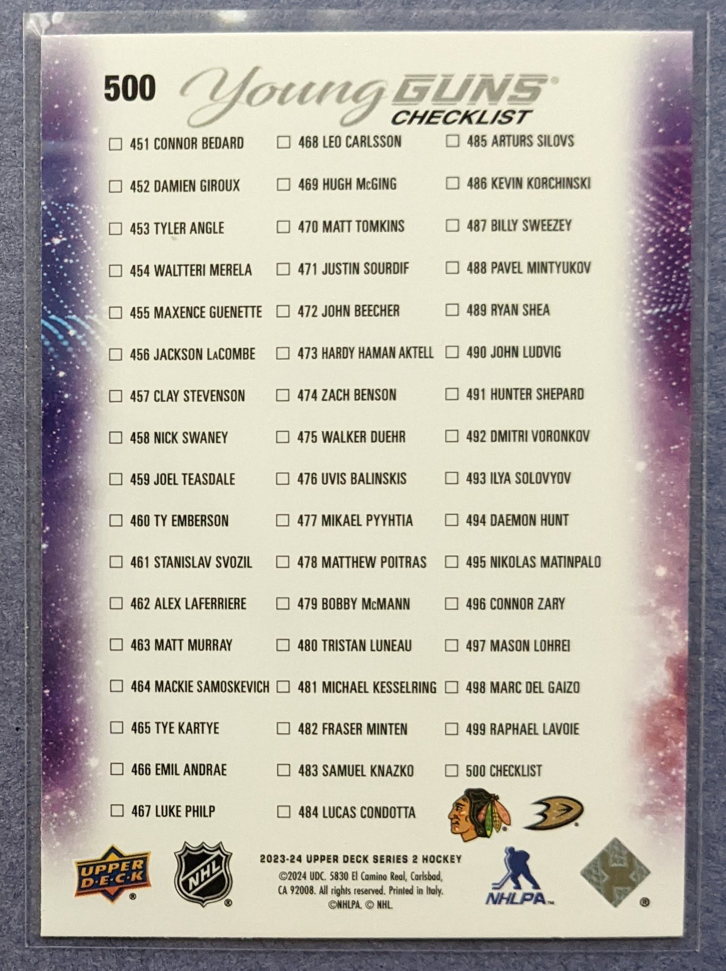 2023-24 Upper Deck Series 2 - Connor Bedard/Leo Carlsson Young Guns Checklist #500