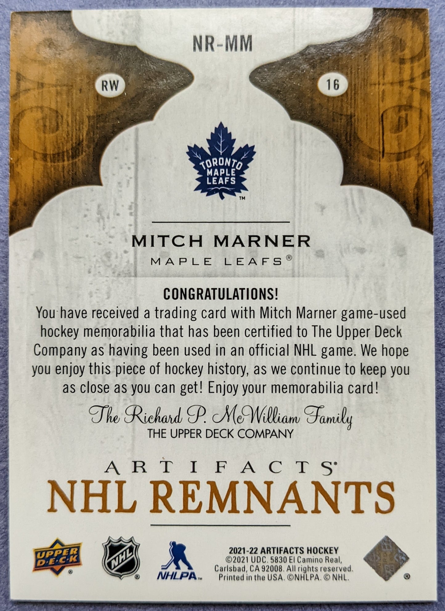 2021-22 UD Artifacts NHL Remnants - Mitch Marner #NR-MM