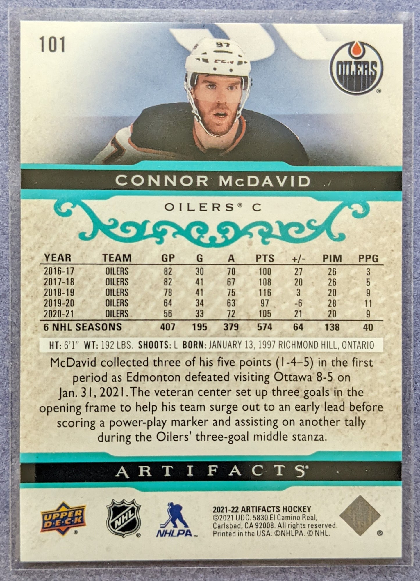 2021-22 UD Artifacts - Connor McDavid #101 (Teal Parallel)