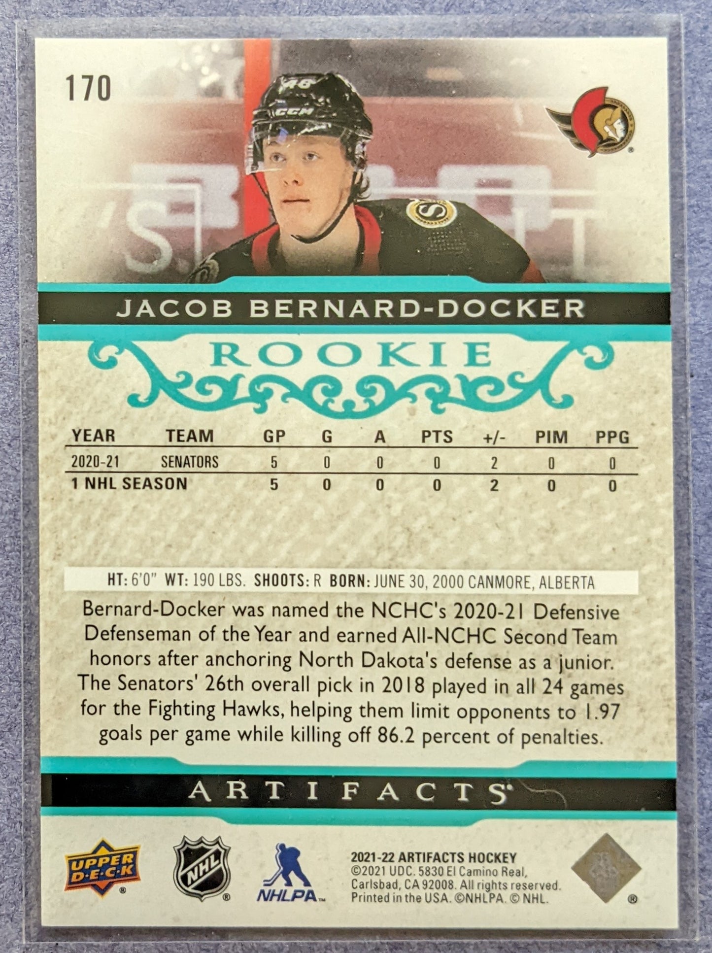 2021-22 UD Artifacts - Jacob Bernard-Docker Rookie #170 (Teal Parallel)