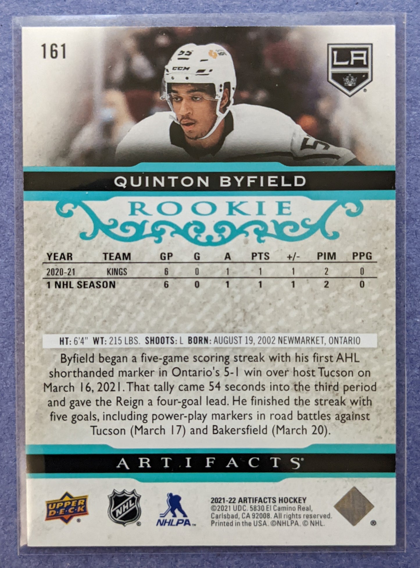 2021-22 UD Artifacts - Quinton Byfield RC #161 (Teal Parallel)