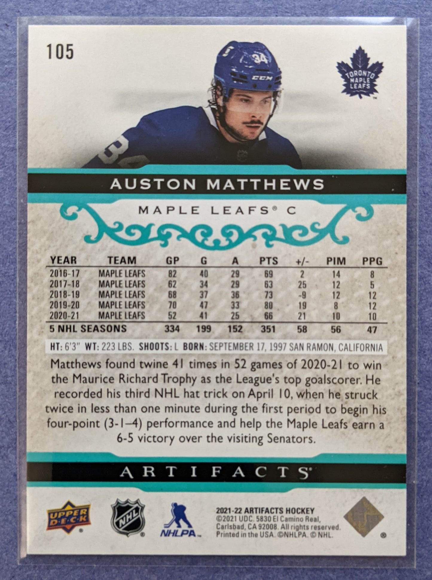 2021-22 UD Artifacts - Auston Matthews #105 (Teal Parallel)