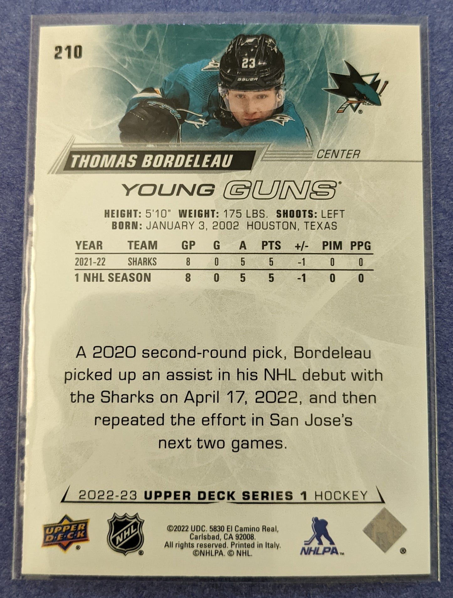 2022-23 Upper Deck Series 1 - Thomas Bordeleau Young Guns RC #210