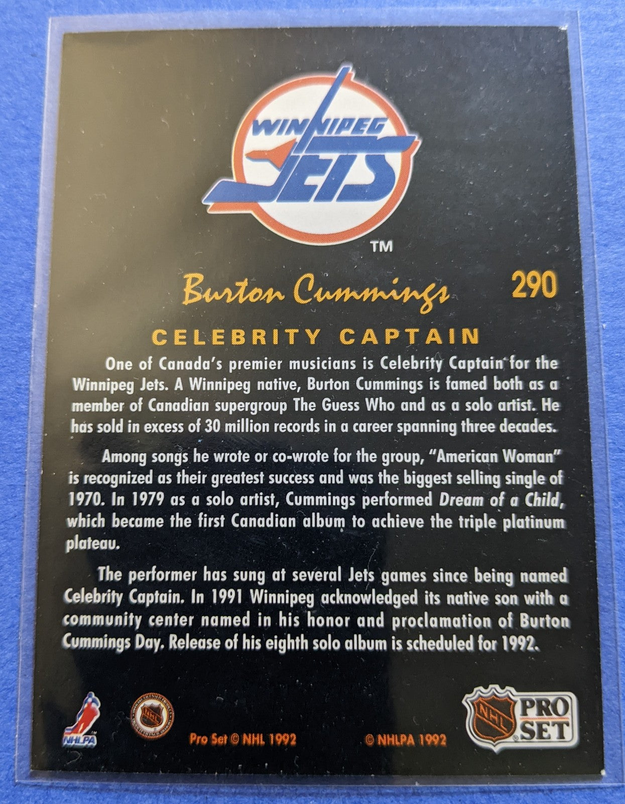 1992-93 Pro Set Platinum Winnipeg Jets Celebrity Captain - Burton Cummings #290