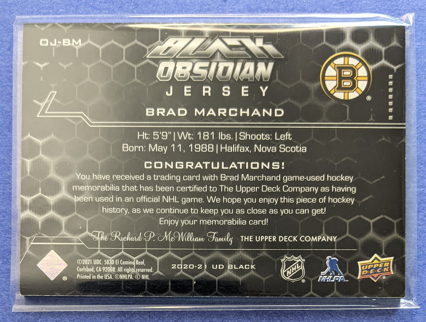 2020-21 Upper Deck Black Obisidan Jersey - Brad Marchand #OJ-BM (018/249)