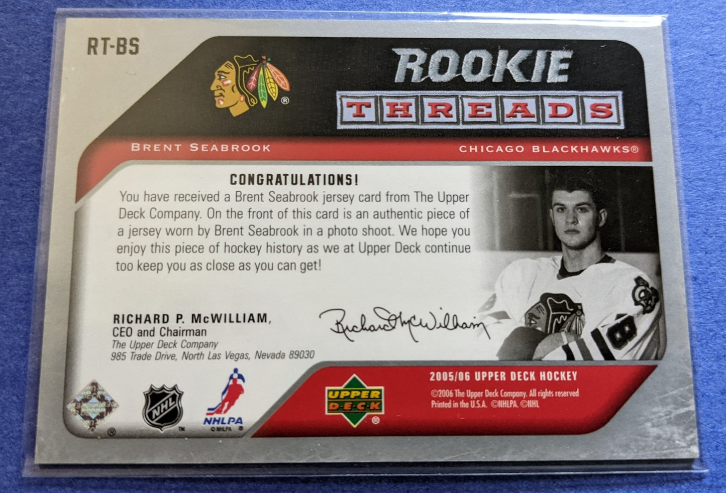 2005-06 Upper Deck Rookie Threads - Brent Seabrook #RT-BS