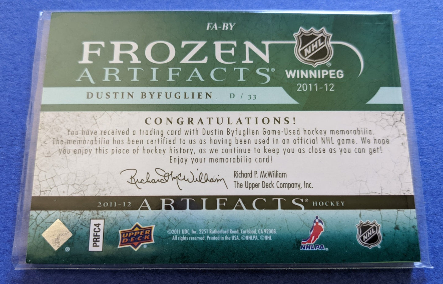 2011-12 Upper Deck Frozen Artifacts Jersey Patch - Dustin Byfuglien #FA-BY (35/35)