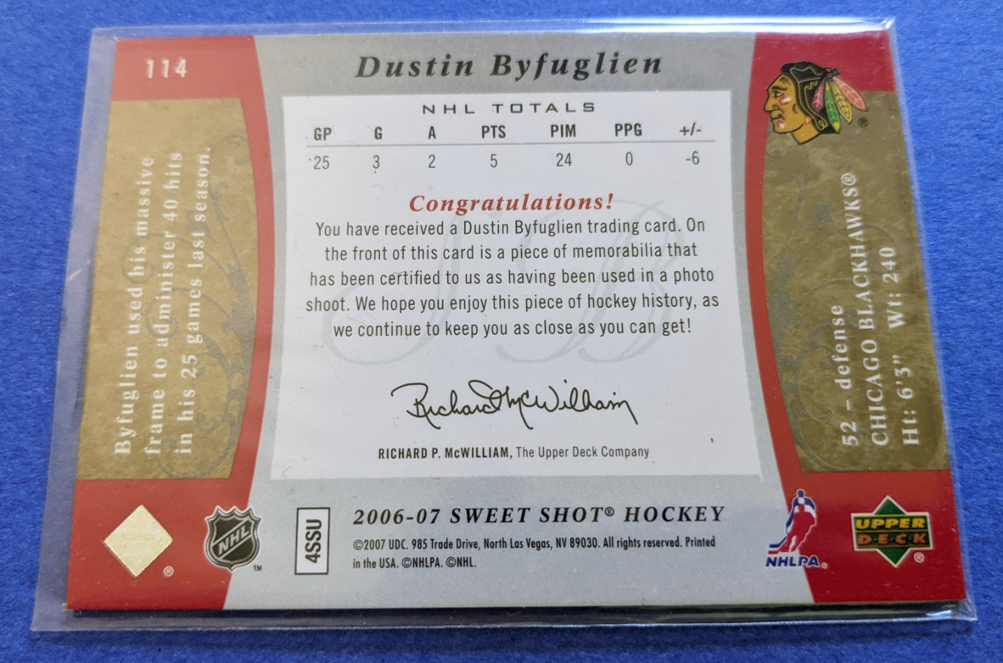 2006-07 Upper Deck Sweet Beginnings Rookie Jersey - Dustin Byfuglien #114 (248/499)