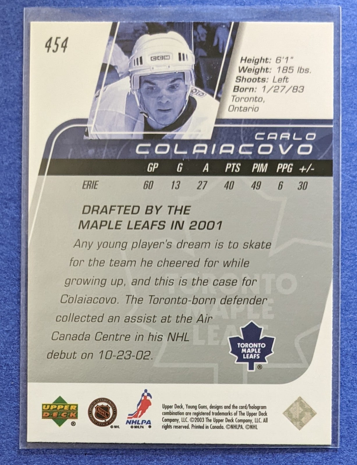 2002-03 Upper Deck - Carlo Colaiacovo Young Guns RC #454