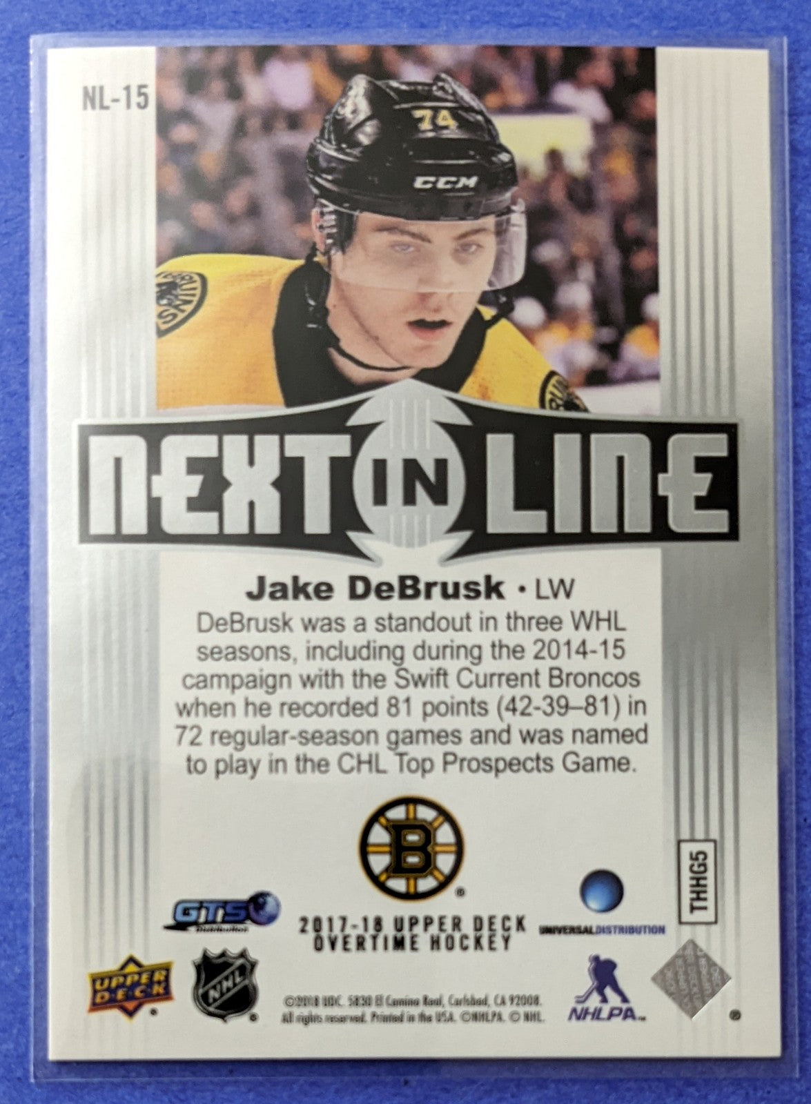 2017-18 Upper Deck Overtime Next In Line - Jake DeBrusk #NL-15