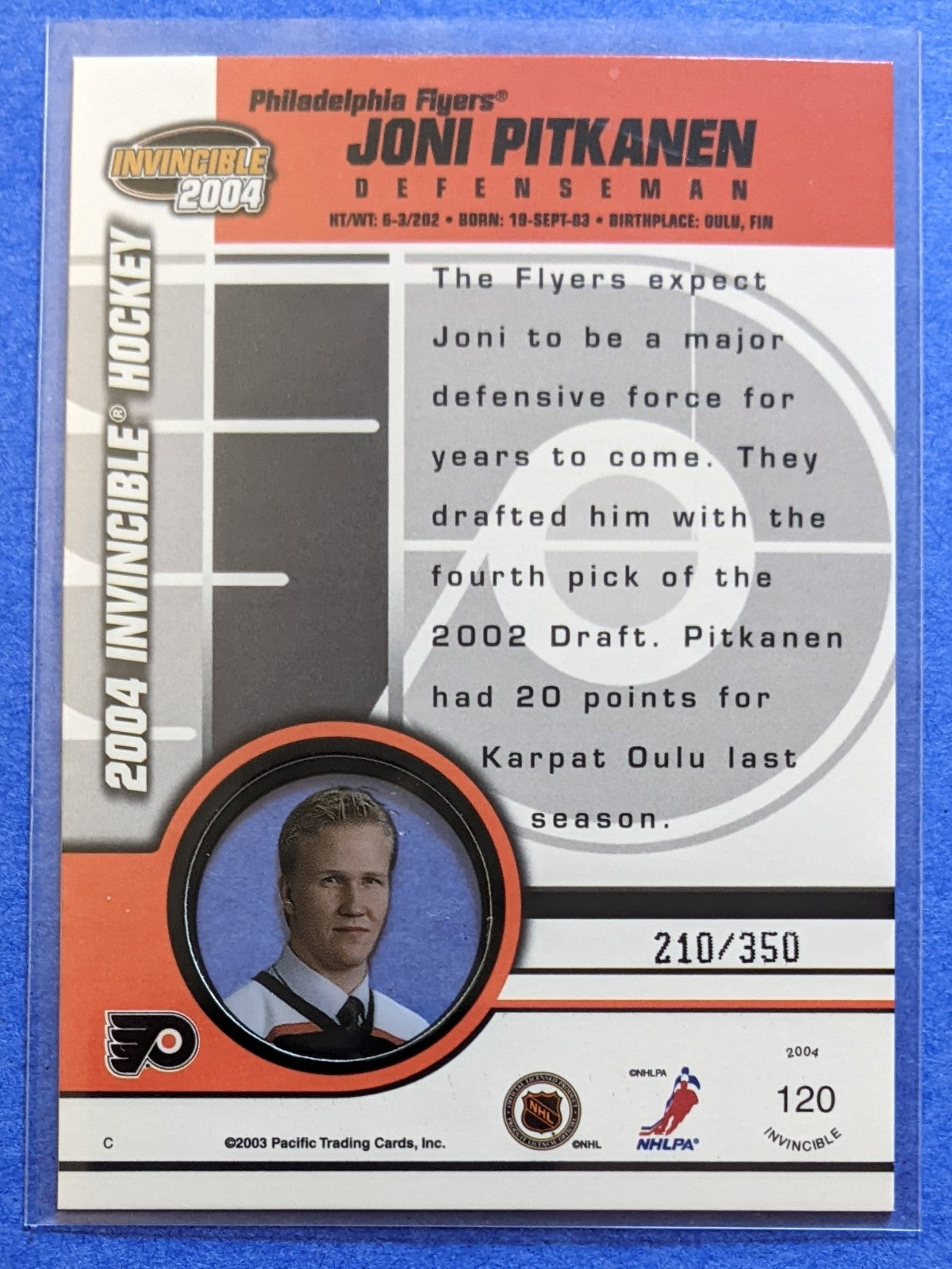 2003-04 Pacific Invincible - Joni Pitkanen RC #120 (210/350)