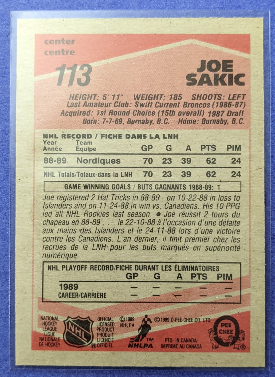 1989-90 O-Pee-Chee - Joe Sakic RC #113