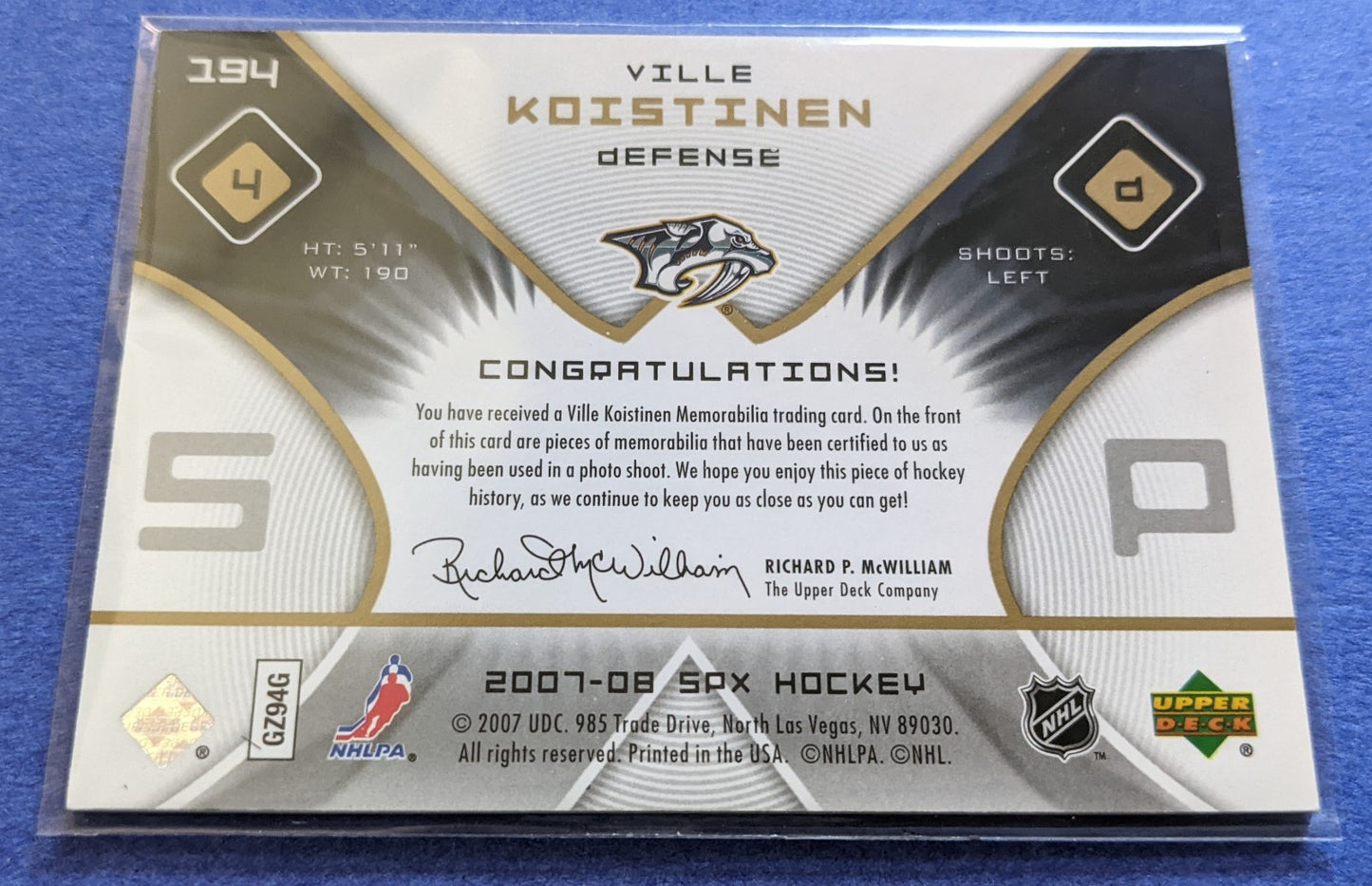 2007-08 Upper Deck SPx Dual Rookie Jersey - Ville Koistinen #194 (0155/1599)