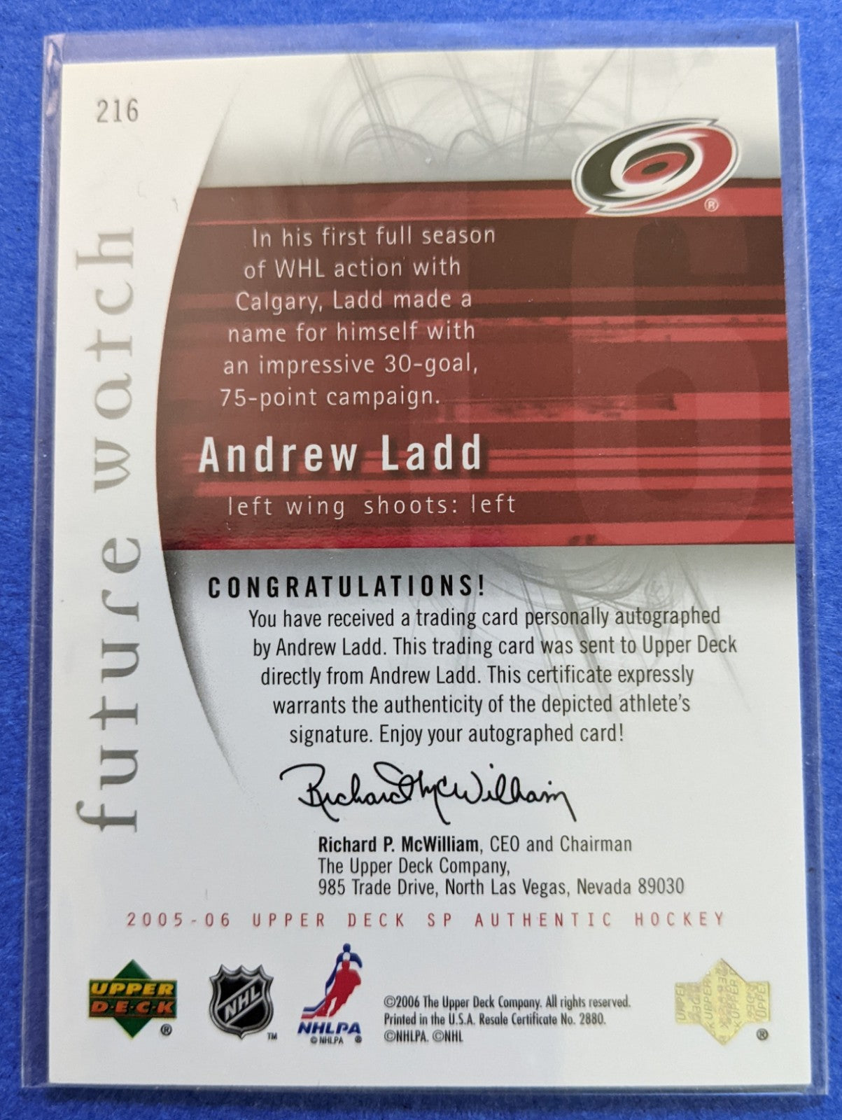 2005-06 Upper Deck Future Watch Auto - Andrew Ladd RC #216 (539/999)