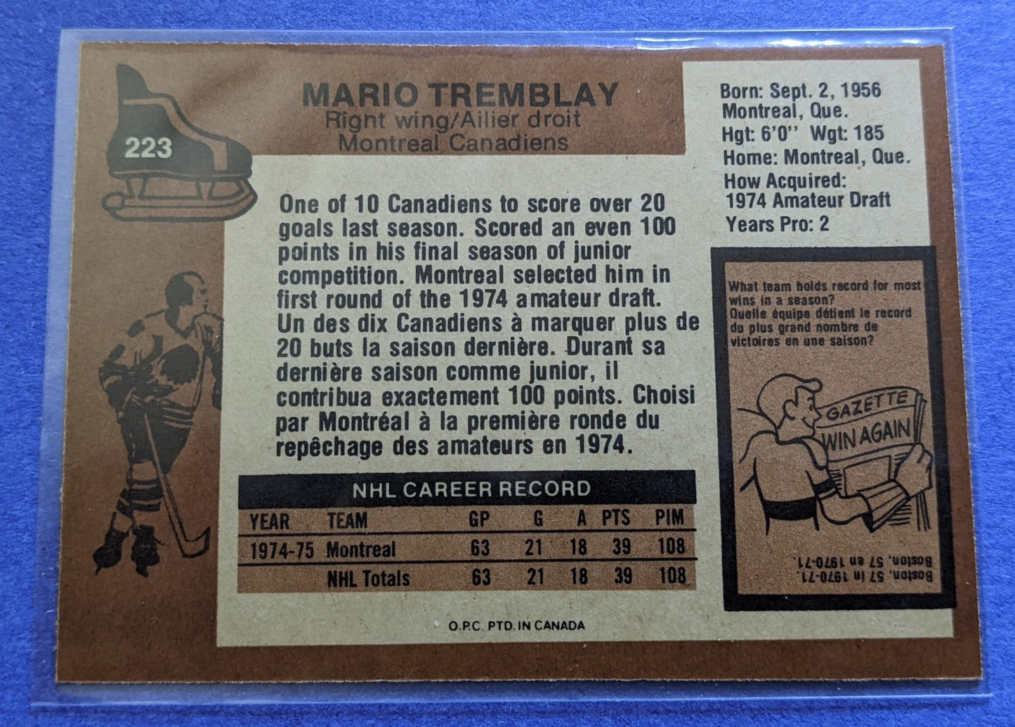 1975-76 O-Pee-Chee - Mario Tremblay RC #223