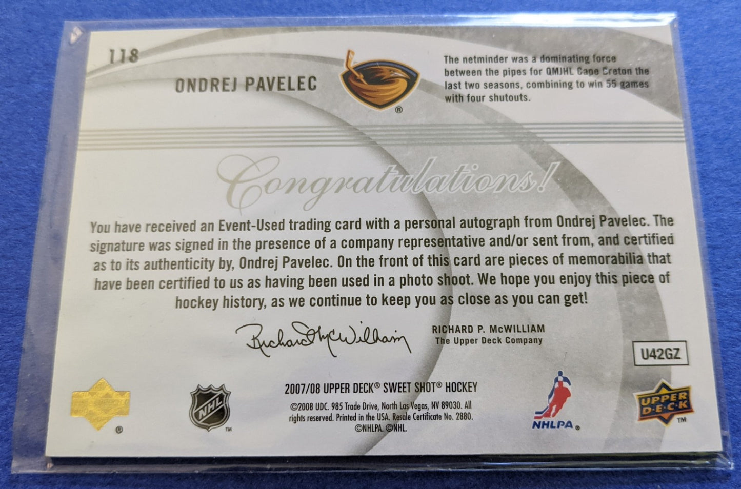 2007-08 Upper Deck Sweet Shot Auto Rookie Jersey - Ondrej Pavelec #118 (014/100)