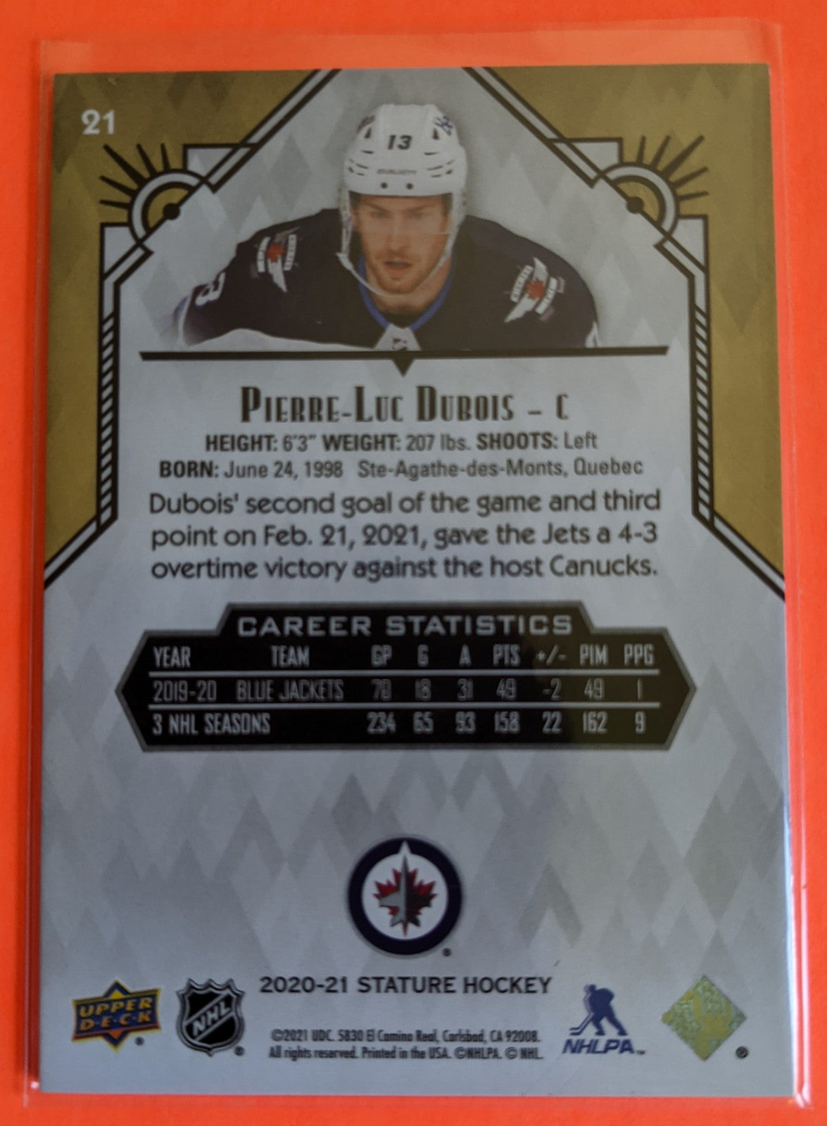 2020-21 Upper Deck Stature - Pierre Luc Dubois #21 (07/45)