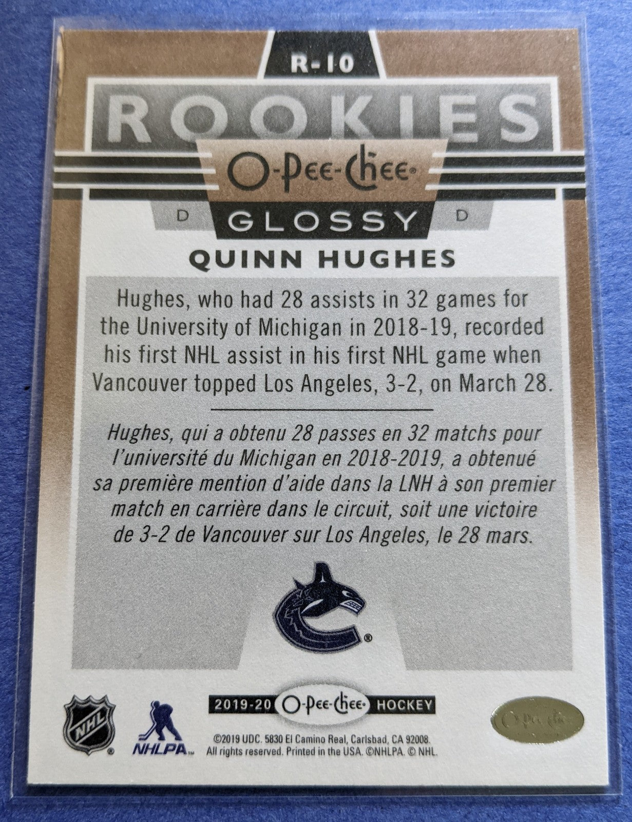 2019-20 O-Pee-Chee Glossy Rookies - Quinn Hughes RC #R-10