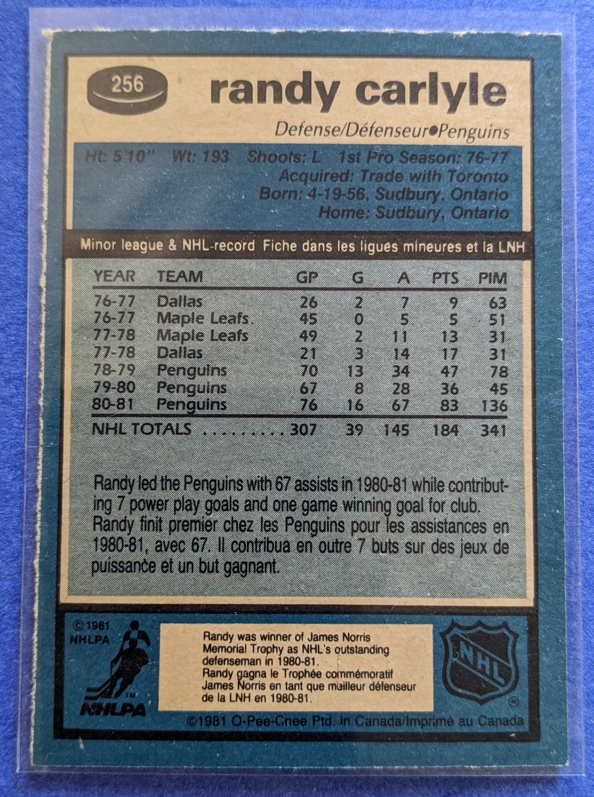 1981-82 O-Pee-Chee - Randy Carlyle RC #256