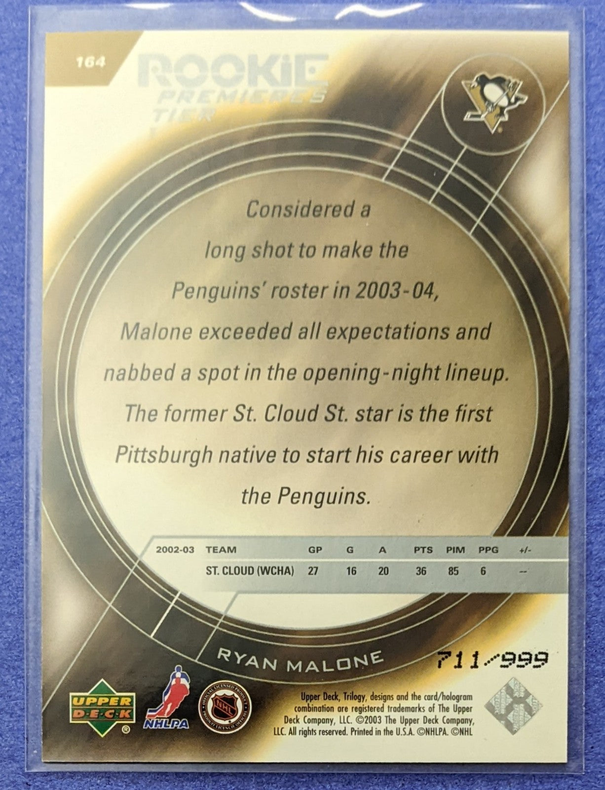 2003-04 Upper Deck Trilogy Rookie Premieres - Ryan Malone RC #164 (711/999)