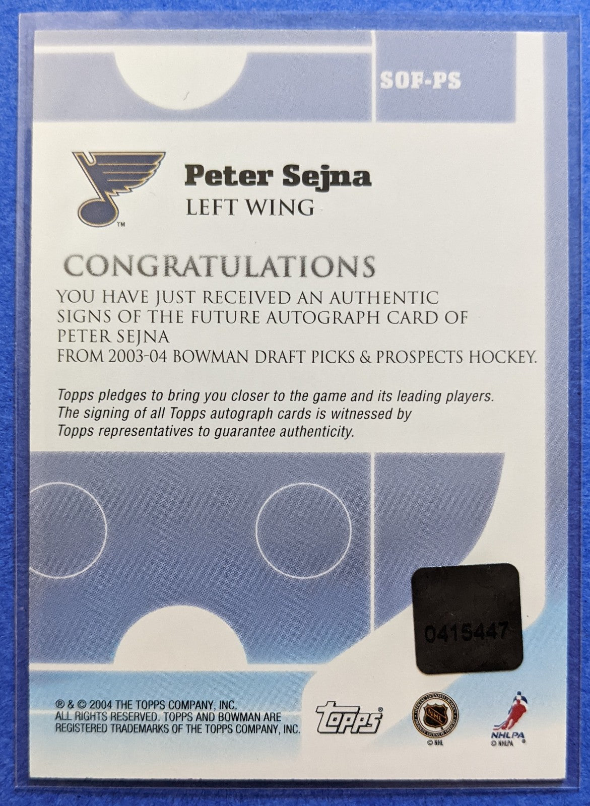 2003-04 Topps Bowman Sign Of The Future Certified Auto - Peter Sejna #SOF-PS