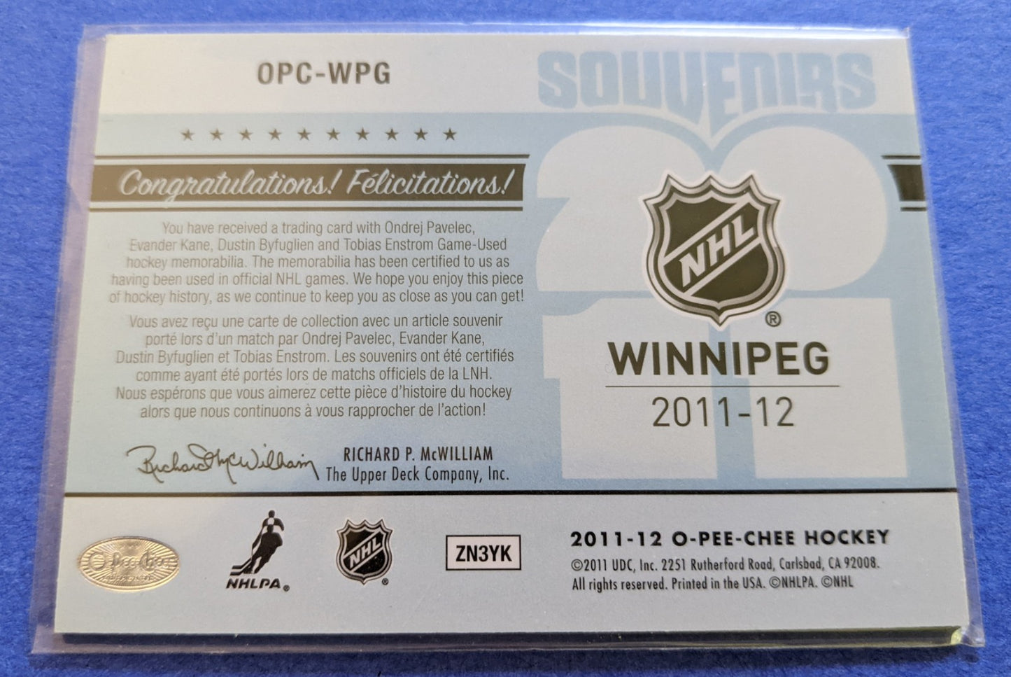 2011-12 OPC Souvenirs Quad Jersies - Pavelec/Kane/Byfuglien/Enstrom #OPC-WPG