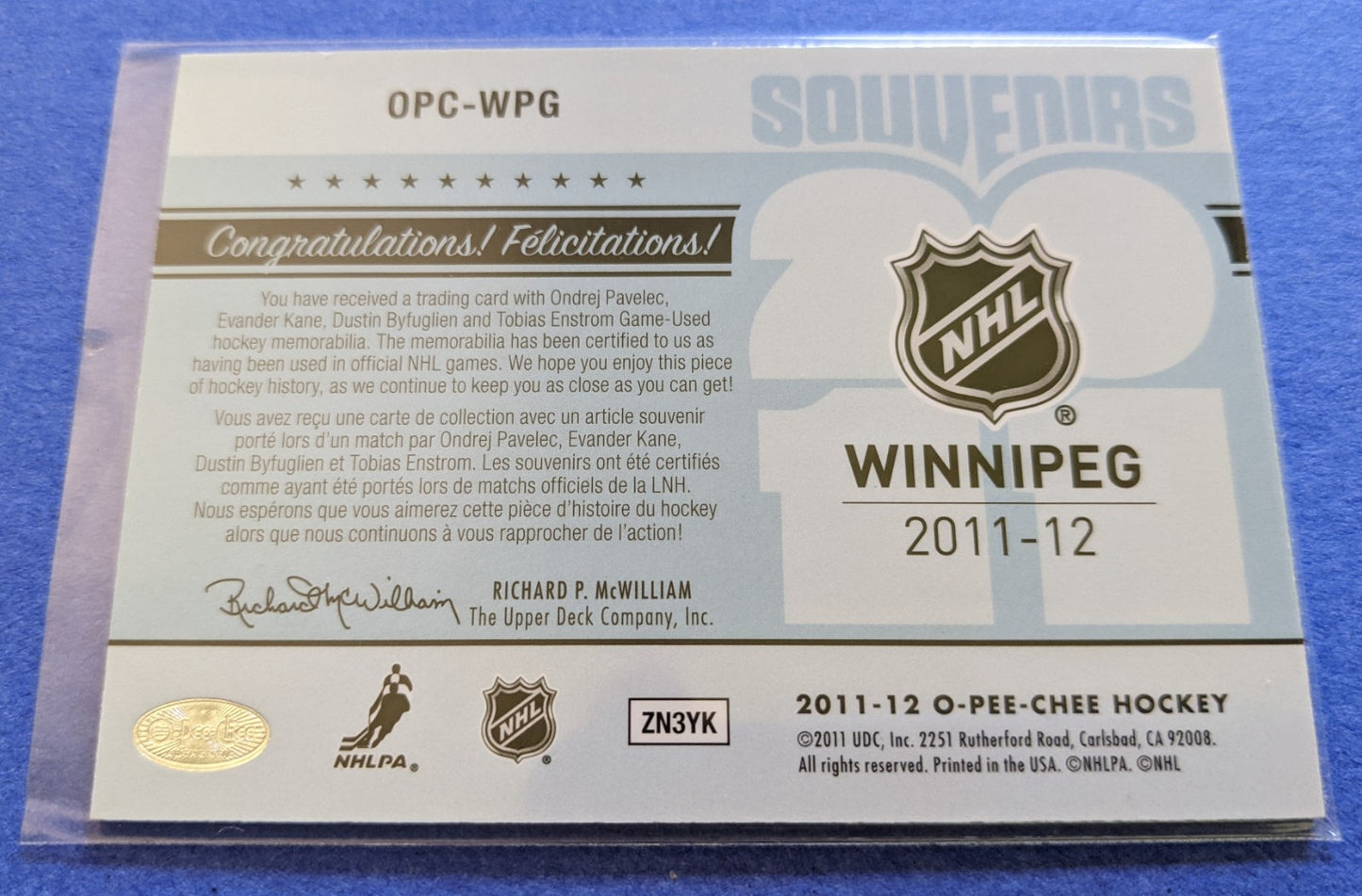 2011-12 OPC Souvenirs Quad Jersies - Pavelec/Kane/Byfuglien/Enstrom #OPC-WPG