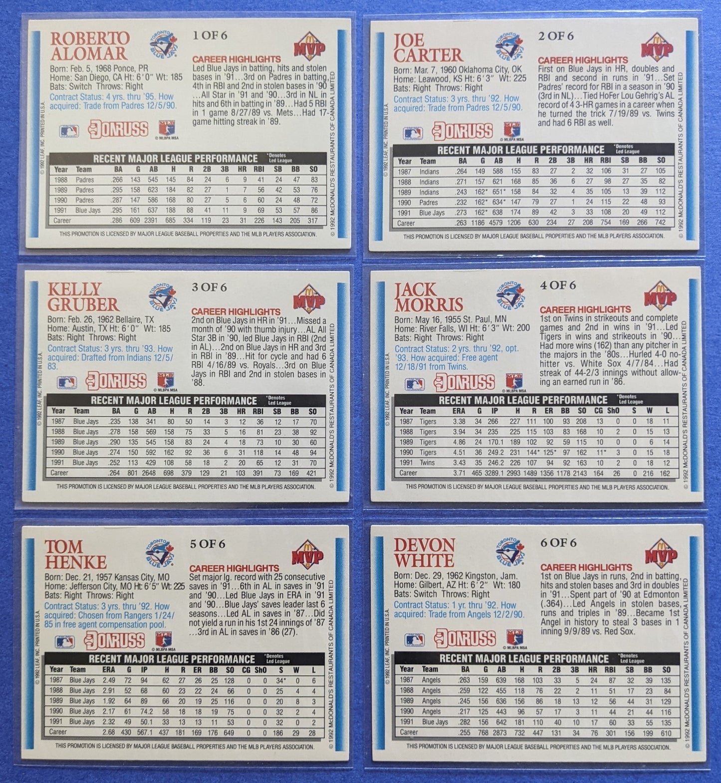 1992 Donruss - McDonald's MVP Gold Series Set of 6 - Toronto Blue Jays