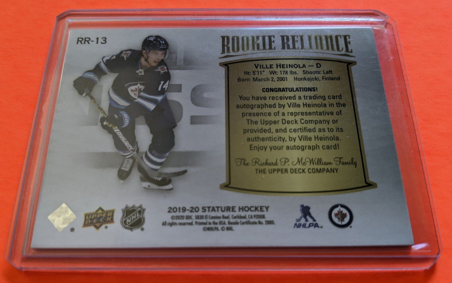 2020-21 Upper Deck Stature Rookie Reliance - Ville Heinola RC #RR-13